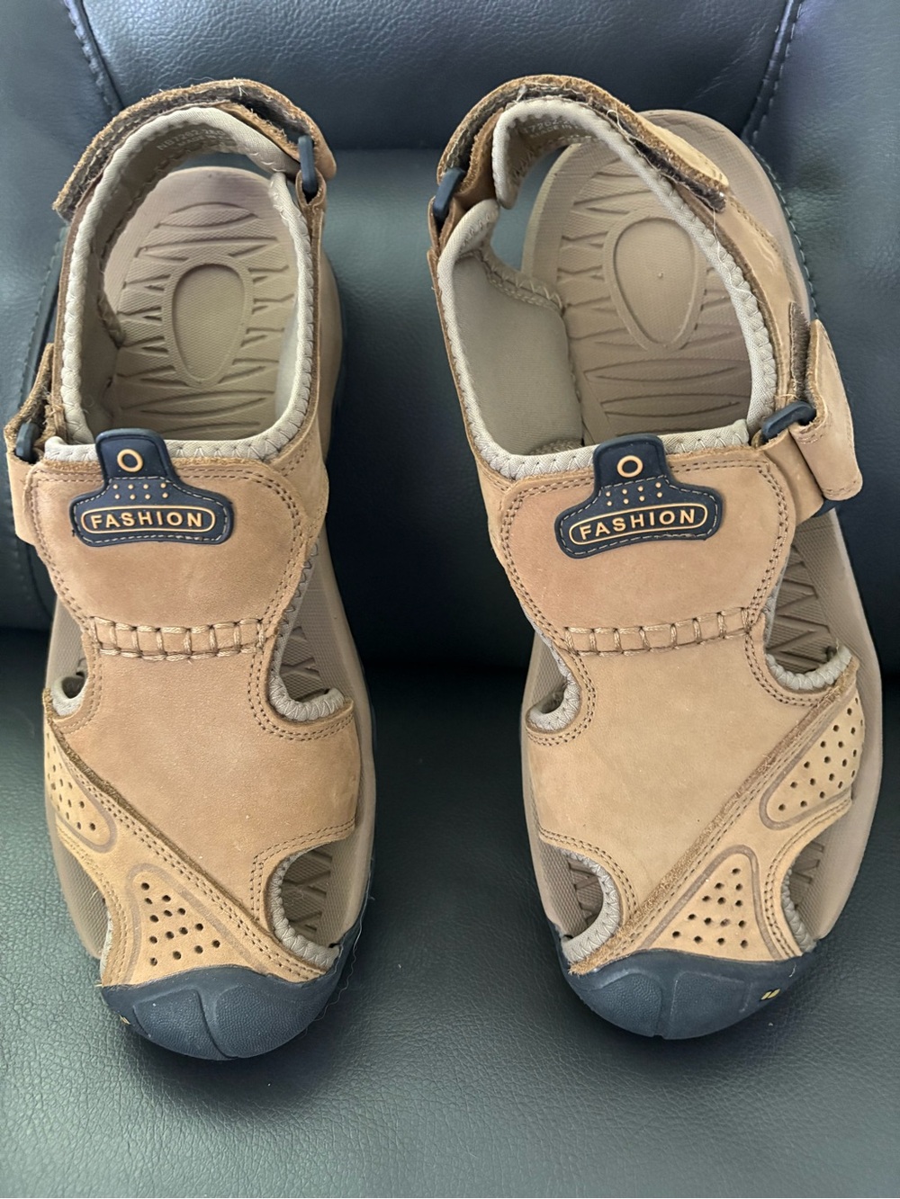 Faux Tan Suede Open-Toe Comfort Sandals - "FASHION" Logo